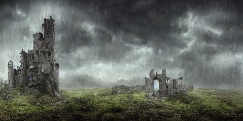 Image similar to matte painting, castle, dramatic landscape, overgrown, cinematic, overcast, interior light, rain