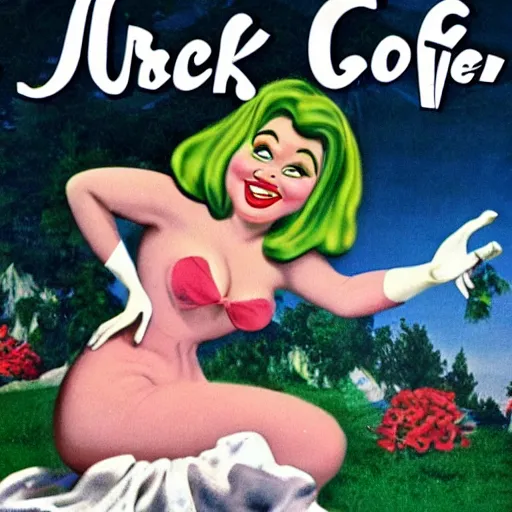 Prompt: shrek as a pinup girl, 1960 commercial