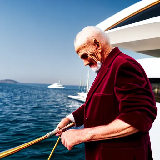 Image similar to wrinkled hunchbacked old man in musty burgundy suit, polishing painting the side of a gold plated mega yacht with a cloth, maintenance photo