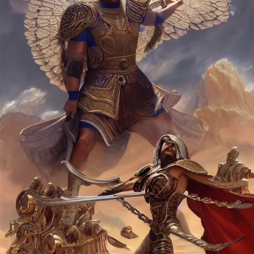 Image similar to Gladiator with Wings of knowledge, detailed, centered, digital painting, artstation, concept art, donato giancola, Joseph Christian Leyendecker, WLOP, Boris Vallejo, Breathtaking, 8k resolution, extremely detailed, beautiful, establishing shot, artistic, hyperrealistic, beautiful face, octane render, cinematic lighting, dramatic lighting, masterpiece