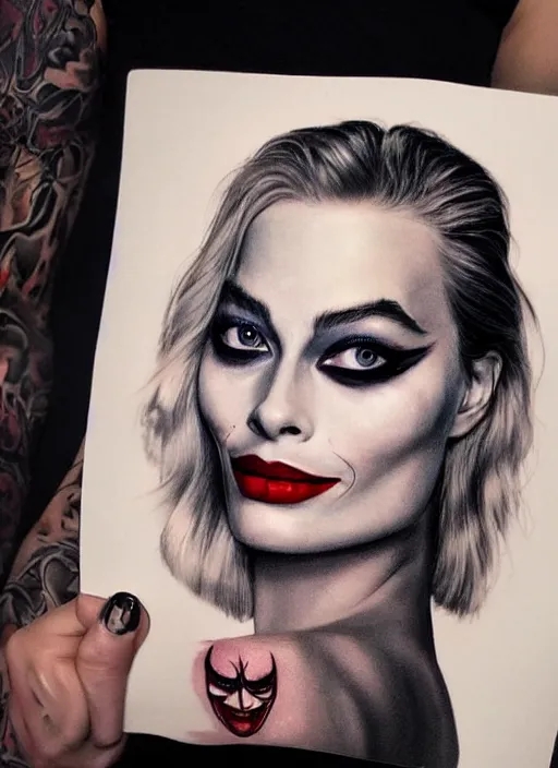 Image similar to tattoo design of beautiful margot robbie portrait with joker makeup, holding an ace card, in the style of den yakovlev, realistic face, black and white, realism tattoo, hyper realistic, highly detailed