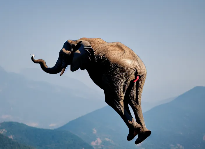 Image similar to dslr photo still of an elephant leaping off a mountain flying through the air, 4 k, 1 2 0 mm f 1 6