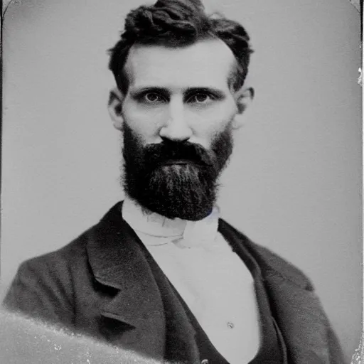 Image similar to A photograph portrait of Jerma985 with crazy hair and a pyramidal mustache in the late 1800s, taken in the late 1800s, 1870s, grainy, taken on a Field View Camera, realistic, hyperrealistic, very realistic, highly detailed, very detailed, extremely detailed, detailed, digital art, trending on artstation