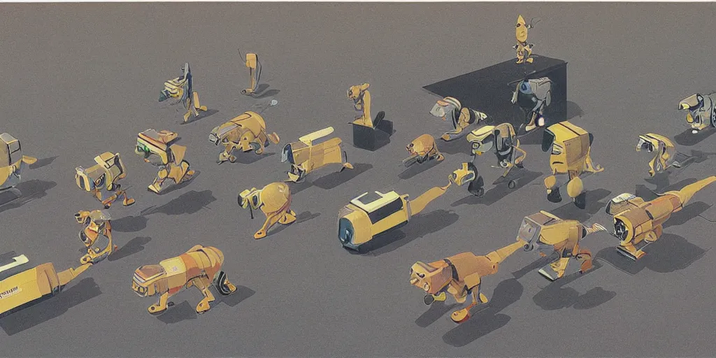 Prompt: many robot kitty cats walking isometrically, Dan McPharlin, Ralph McQuarrie