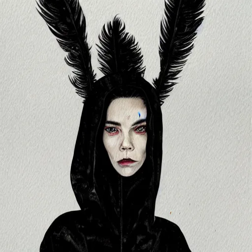 Image similar to full body detailed watercolor illustration of alien jennifer connelly mixed with anya taylor - joy, unsettling, hooded long black feathered cloak, uncanny valley, with black feathers instead of hair, gothic, tim burton, mike mignogna, gray mottled skin, space station - - ar 9 : 1 6