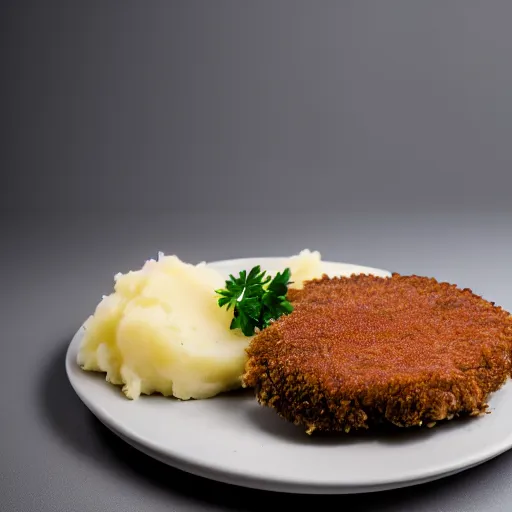 Prompt: mashed potatos and cutlet on a plate, studio light, grey warehouse background, cinematic, bokeh, hyperrealistic photo, 8k, feel of depth