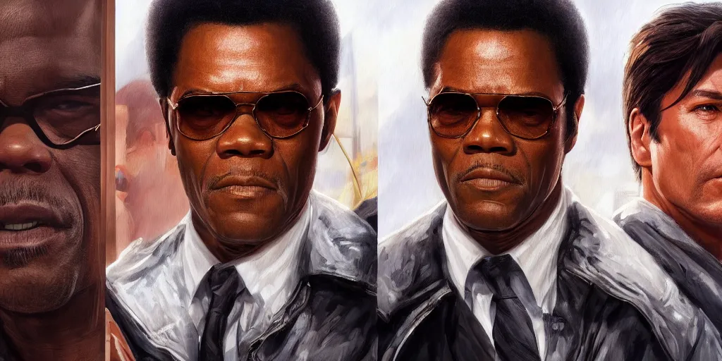 Prompt: highly detailed movie poster painting of young samuel l jackson and john travolta, perfect symmetrical eyes, by eddie mendoza and tyler edlin, 8 k resolution