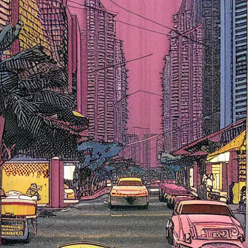 Image similar to a street in singapore, by moebius