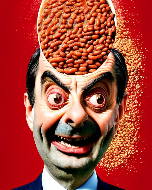 Image similar to portrait of mr bean's face in a bowl full of baked beans, face covered in beans and tomato sauce, baked beans covering his eyes, a pile of baked beans on his head, his mouth wide open and full of baked beans, overflowing with baked beans, muted colors, surrealist oil painting, highly detailed