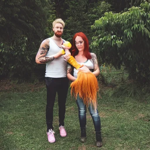 Prompt: photo of a slender attractive couple. The woman has long straight red orange hair. The man has a dark thick neatly groomed beard and tattoos. They are holding a giant corn and a cute baby.