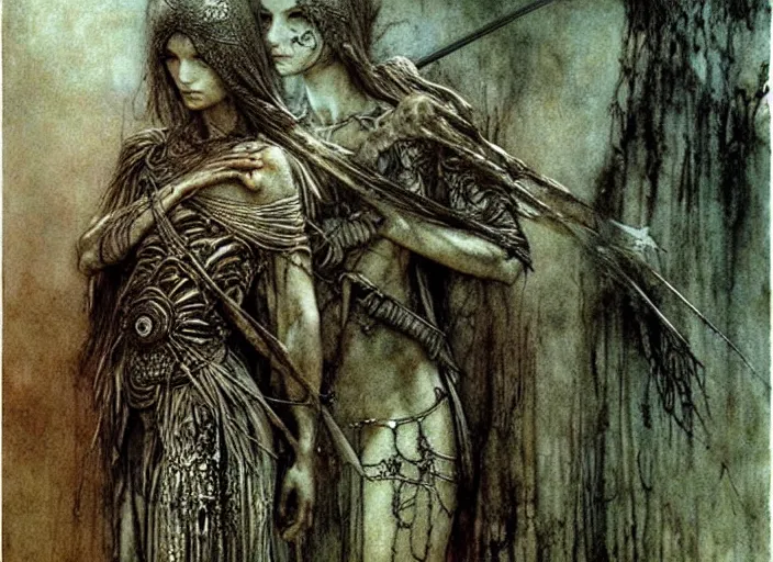 Image similar to young female warriors in painting by Beksinski, Luis Royo, Arthur Rackham