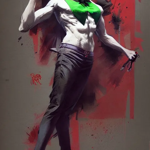 Image similar to joker, full body, dynamic pose, painted by greg rutkowski