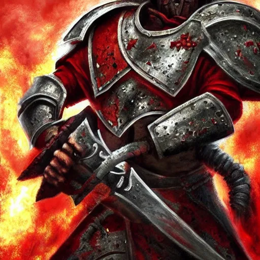 Image similar to champion of khorne in heavy armor holding a flaming sword, artstation hall of fame gallery, editors choice, #1 digital painting of all time, most beautiful image ever created, emotionally evocative, greatest art ever made, lifetime achievement magnum opus masterpiece, the most amazing breathtaking image with the deepest message ever painted, a thing of beauty beyond imagination or words