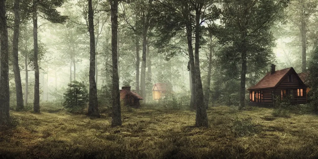 Prompt: a single cottage in the woods and empty woods, 8k, fantasy, hyper realistic, atmospheric