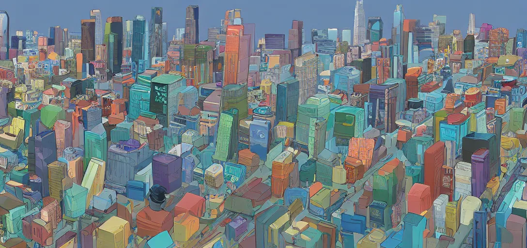 Image similar to visual development los angeles skyline cityscape, by lou romano, pixar disney dreamworks sony animation, photoshop, the art of books