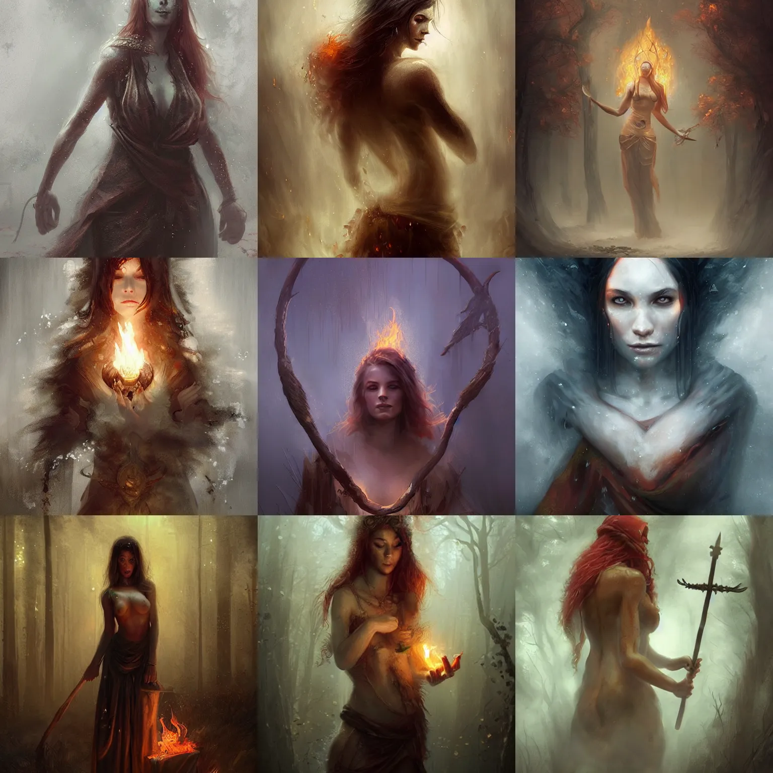 Prompt: a beautiful artwork of a fire ritual performed by a woman druid, fog, by Bastien Lecouffe-Deharme, featured on artstation