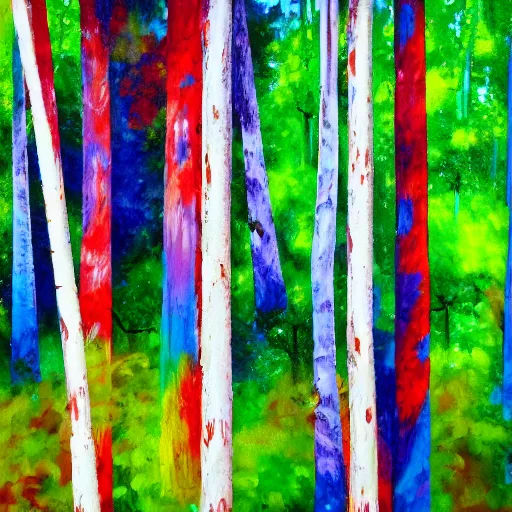 Image similar to paint of acrylic dripped forest with green, blue, red tree trunks. acrylic on canvas, postmodern, impressionist