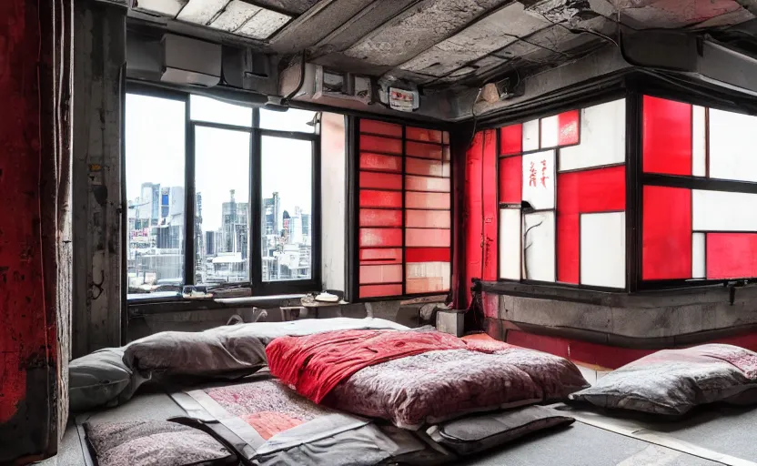 Prompt: maximalist interior of a japanese bedroom, concrete, cyberpunk, japanese neon signs, retro futuristic, old brick walls, rough wood, grey, anthracite, red, akihabara style, swedish style, window with a view of apartment blocks