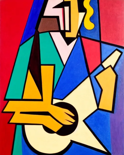 Image similar to a cubism portrait of willie nelson hugging his guitar, in the style of archipenko, alexande, muted colors