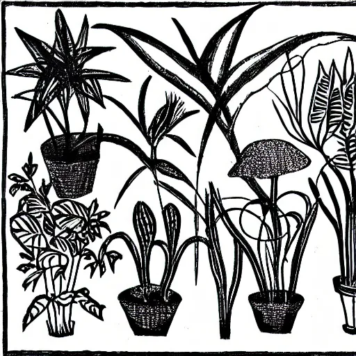 Prompt: a sharpie drawing of a bauhaus plant garden