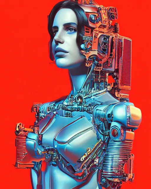 Image similar to portrait of Lana Del Rey as a cyborg. intricate abstract. intricate artwork. by Tooth Wu, wlop, beeple, dan mumford. mulholland drive by david lynch, dune by david lynch, octane render, trending on artstation, greg rutkowski very coherent symmetrical artwork. cinematic, hyper realism, high detail, octane render, 8k, iridescent accents