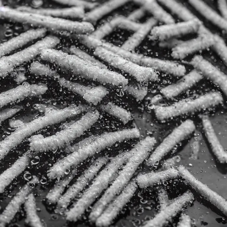 Image similar to soaking wet soggy fish fingers drenched with a stream of water from a faucet on a moist wet plate. very wet delicious fish sticks with specular highlights. water drips from the wet fish sticks. macro lens close up shot 8 k food commercial shot award winning