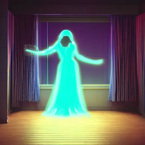 Prompt: photo of a lonely woman wearing a gown dancing in her bedroom during the night, cyberpunk, neon, very detailed, soft lights, depth of field, unreal engine 5, heavy grain, detailed face