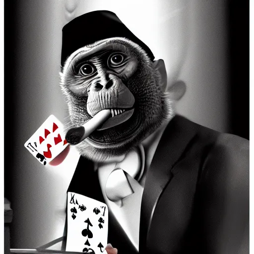 Prompt: monkey in a suit smoking a cigar and playing poker in a casino, 5 0 mm, black and white photo, trending on artstation