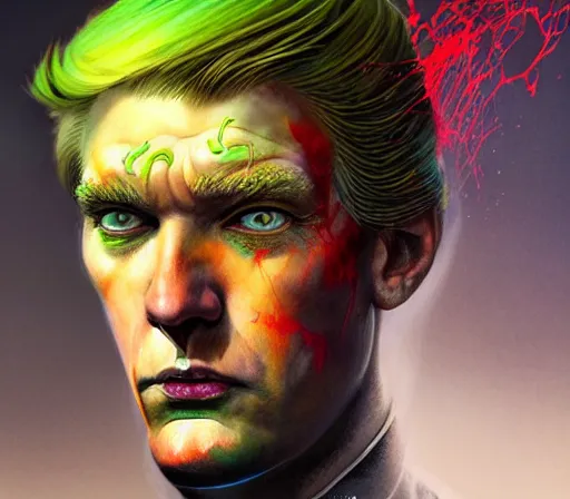 Image similar to a Demon Slayer portrait ofDonald Trump , tall, pale-skinned, and slender with lime green eyes and long eyelashes by Stanely Artgerm,Tom Bagshaw,arthur adams,Carne Griffiths,trending on DeviantArt,street art,face enhance,chillwave,maximalist,full of color, glittering