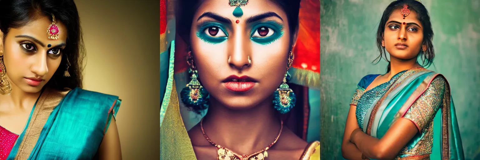 Prompt: close - up shot, studio photographic portrait of beautiful indian girl in sari, crystal teal eyes, haunting, dynamic lighting, random outdoor wallpaper background, photorealistic, 2 5 mm