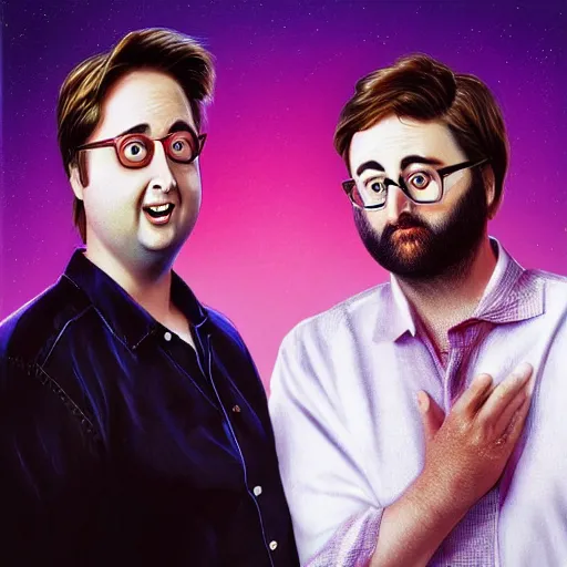 Prompt: realistic beautiful portrait of tim heidecker and Eric Wareheim (Tim and Eric), synthwave funny style