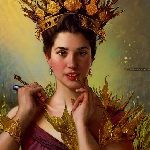 Prompt: left side portrait of a young queen with a golden crown, head only, headshot, royalty, surrounded by gold leaves by Stanley Artgerm Lau , greg rutkowski, thomas kindkade, alphonse mucha, loish, norman rockwell, J. C. Leyendecker. dark brown hair, mouth slightly open, thorn border around the image. D&D, fantasy. Trending on artstation rule of thirds extremely detailed render, extremely realistic, detailed lighting, octane hd 4k