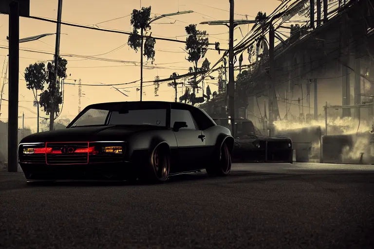 Image similar to widebody all black audi camaro b 1 ( 1 9 6 9 ), need for speed : carbon, at night, sci - fi, neon lines, phonk music background, smoke behind wheels, noise, dark, establishing shot, by simon stalenhag