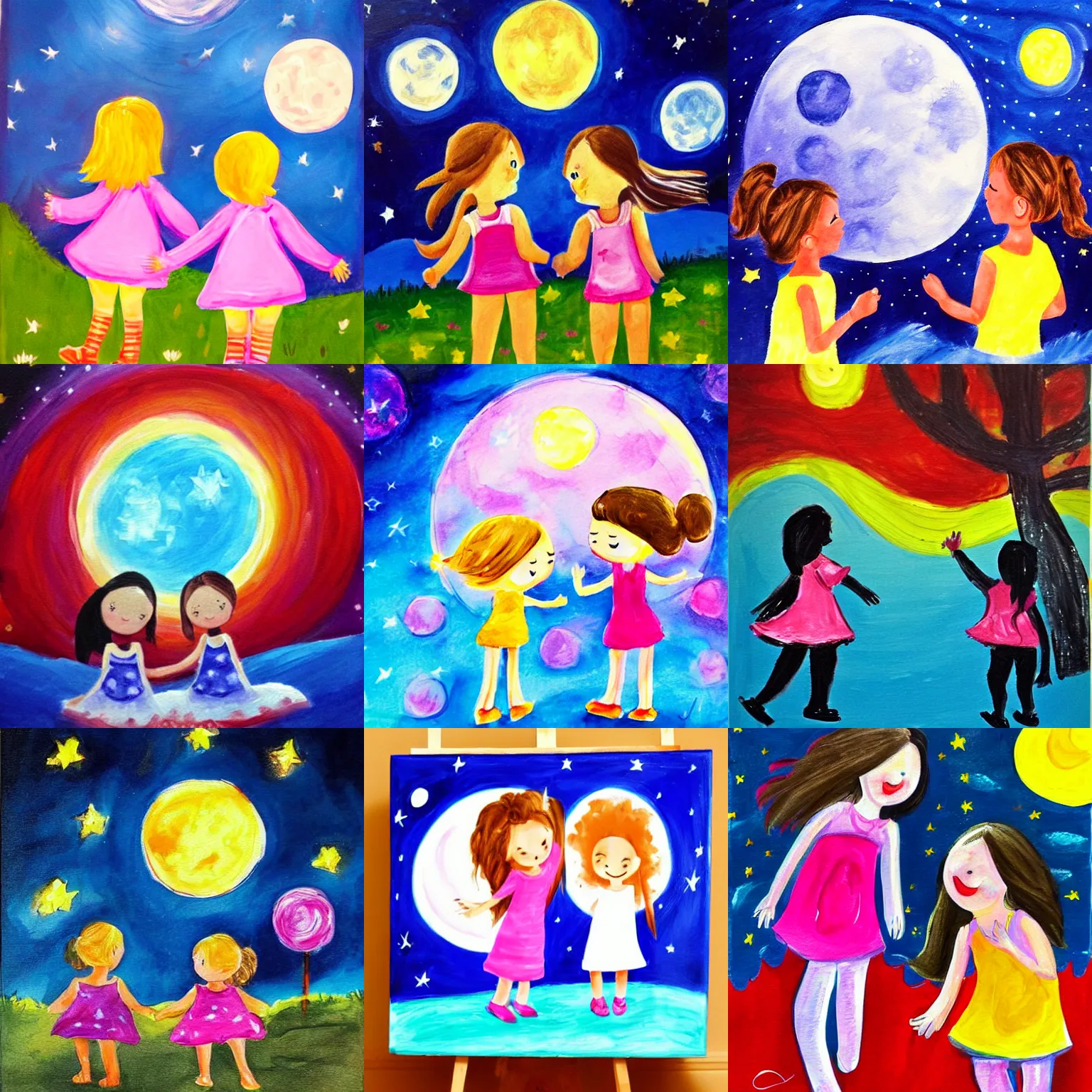 Prompt: two cute little girls playing in the moonlight. happyness. children's painting.