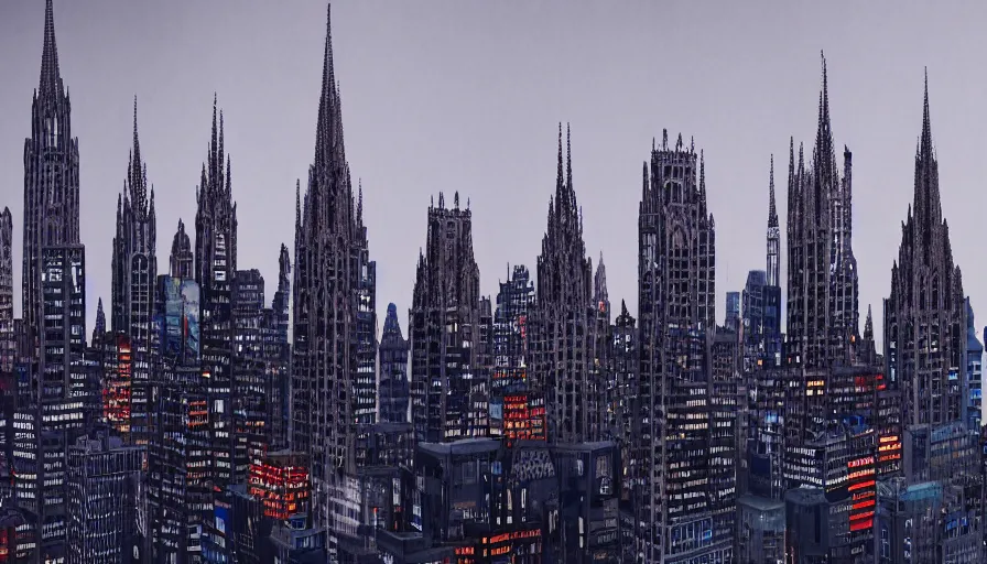 Image similar to view of neo - gothic new york city with neons decorating buildings from hudson river, hyperdetailed, artstation, cgsociety, 8 k