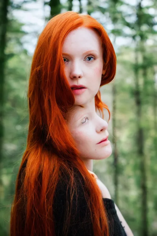 Prompt: a portrait of a redhead beautiful girl, green eyes, highly detailed, 3 5 mm f 1. 4 background silver fir