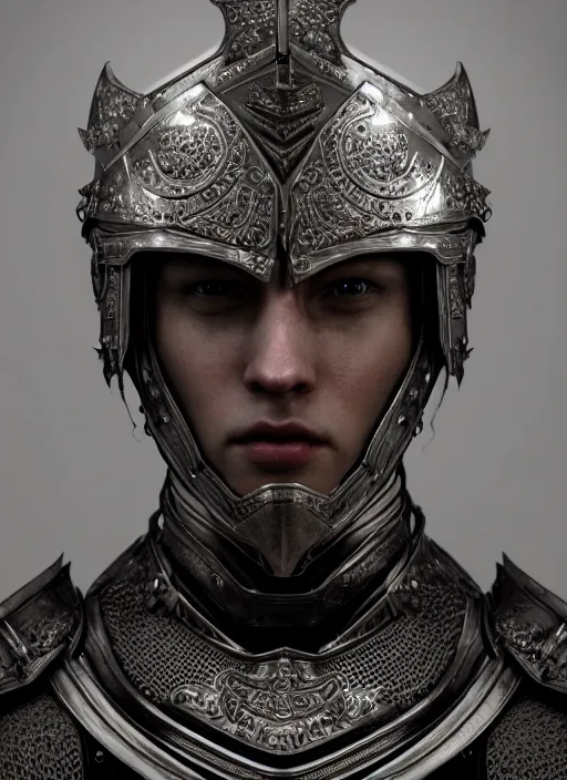 Prompt: hyperrealistic mixed media portrait of a beautiful male fantasy warrior, stunning 3d render inspired art by Mark Poole + perfect facial symmetry + dim volumetric lighting, ornate worn plate armor, 8k octane beautifully detailed render, post-processing, extremely hyperdetailed, intricate, epic composition, grim yet sparkling atmosphere, cinematic lighting + masterpiece, trending on artstation