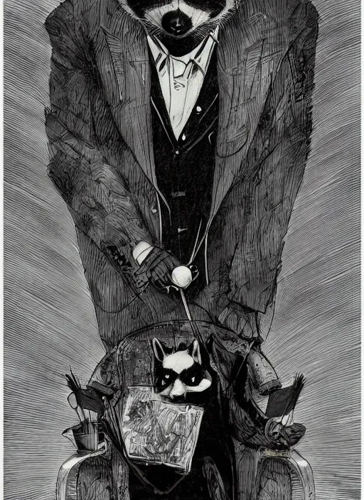 Image similar to a dramatic illustration portrait of an anthropomorphic raccoon mob boss, by posuka demizu, by stephen gammell, by victo ngai, by george ault, in the style of mafia, artstation