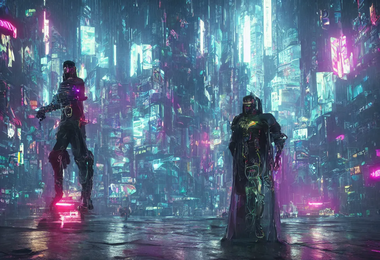 Prompt: an epic portrait of a cyberpunk knight wearing a neon wizard's cloak posing in a foggy megacity, Night City, cyberpunk 2077, brutalist international futurist, muted neon and constant rain and fog, unreal 5, DAZ, detailed, soft focus, brilliant colors, high contrast, brilliant highlights, 4k, 8k, HD, trending on artstation, trending on DeviantArt, painting oil on canvas illustration by Alena Aenmai by Wayne Barlowe by Gerald Brom by Noah Bradley by Thomas Kincade