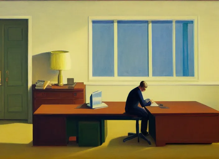 Image similar to painting of a lonely man sitting at his desk in an empty, huge office, in the style of edward hopper