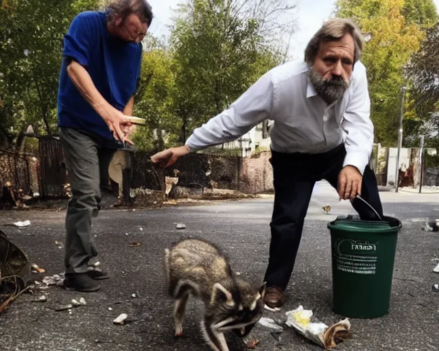 Image similar to slavoj zizek stealing trash from a racoon near a trash container