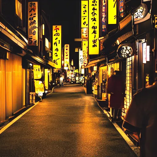 Prompt: beautiful night telephoto of bar streets of Japan photo, dslr, nikon lens, night time photography