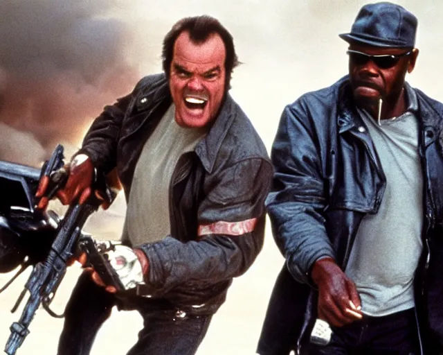 Image similar to Jack Nicholson and Samuel L. Jackson are Terminators action scene