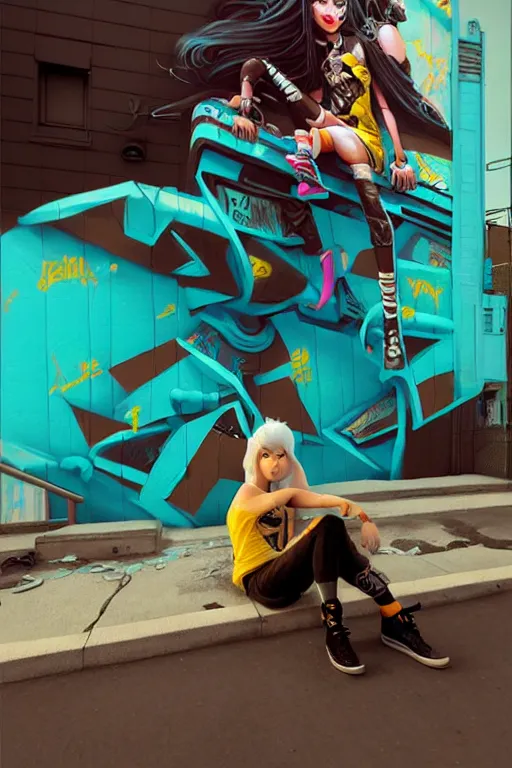 Image similar to punk girl sitting on extreme 3 d graffiti tag mural maximalism by atey ghailan, by greg rutkowski, by greg tocchini, by james gilliard, by joe fenton, yellow, brown, black and cyan color scheme, octane render