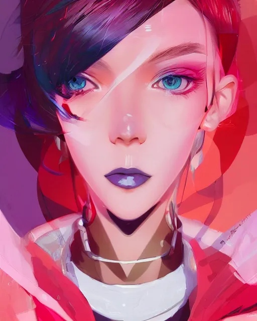 Image similar to poster woman with futuristic streetwear and hairstyle, colourful, cute face, dynamic portrait, intricate eyes,, beautiful, elegant, Anime by Kuvshinov Ilya, Cushart Krentz and Gilleard James, 4k, HDR, Trending on artstation, Behance, Pinterest, award winning