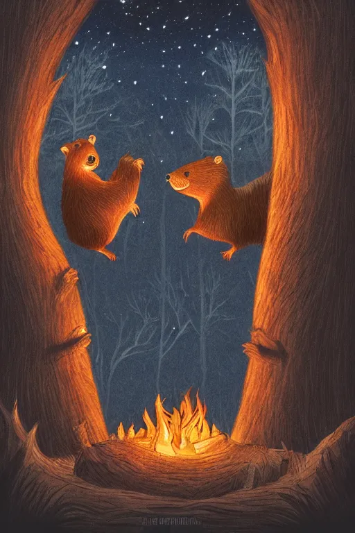 Prompt: an illustration of two evil beavers sitting next to a campfire in a dark forest at night, epid, digital drawing, beautiful, highly detailed, cinematic style, poster