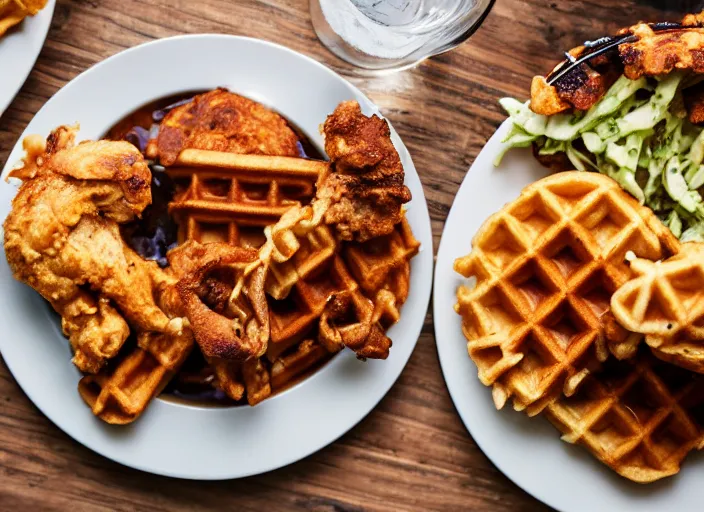 Image similar to dslr food photograph of chicken and waffles with a side of coke slaw, 8 5 mm f 1. 8