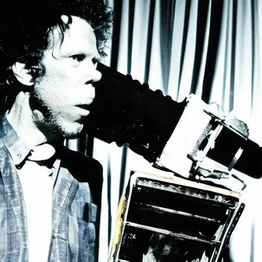 Prompt: 1 6 mm color photograph of tom waits!!!!! on stage!! with oscar the grouch!!!