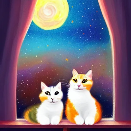 Image similar to two cute multi - colored calico cats sleeping inside a cozy home in the evening, stars shining in the night sky through the window,, artstation, cgsociety, storybook art