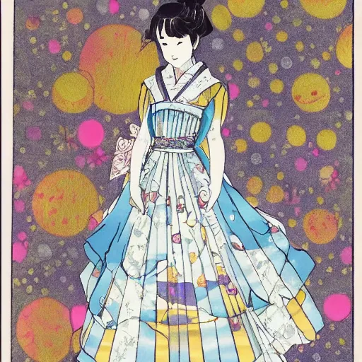 Prompt: a tamura yoshiyasu style drawing of a girl wearing a beautiful dress that has a galaxy and water design, 8 k, highly detailed,